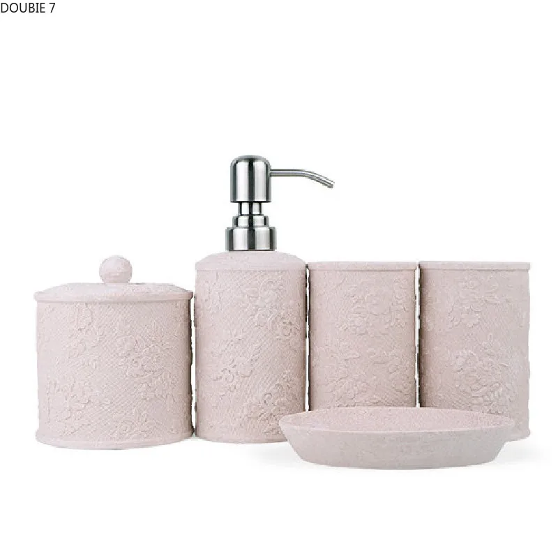 

Chinese Creative Pattern Sandstone Five Piece Set Bathroom Accessories Set Gargle Cup Soap Dish Soap Dispenser Toothbrush Holder