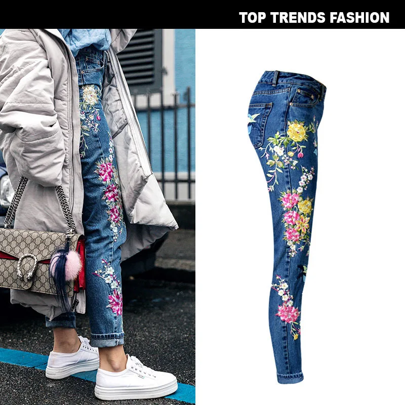 Jeans Women's Fashion Bird Flower Embroidery High-Waist Slim-Fit Straight-leg Jeans Dark Blue Denim Trousers For Mom Size S-3XL