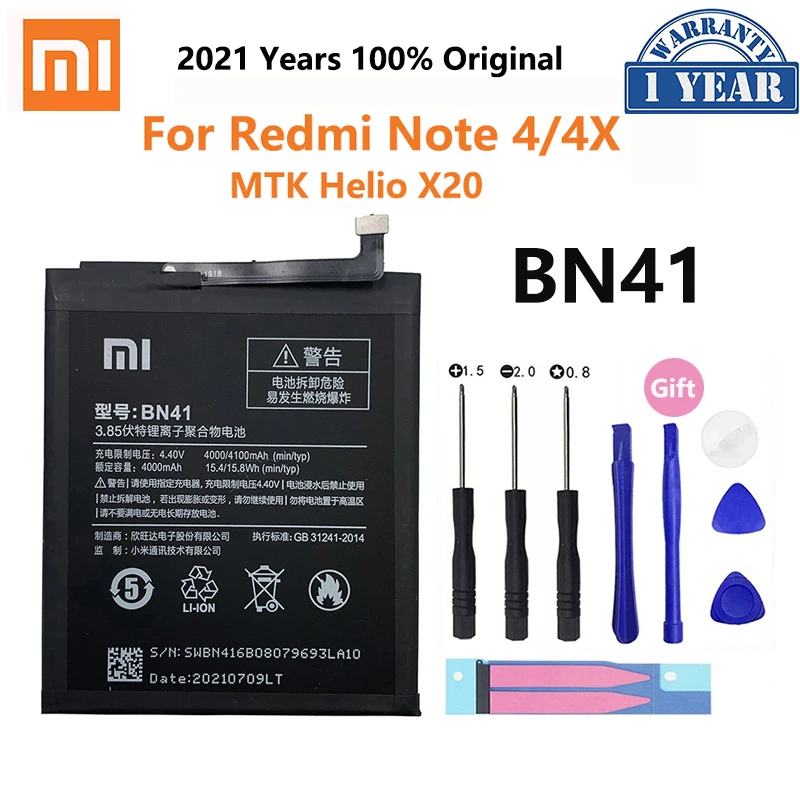 

Аккумулятор для телефона Xiao Mi 4100 мАч BN41 Note4 Note4X для Xiaomi Redmi Note 4 / Hongmi Note 4X MTK Helio X20
