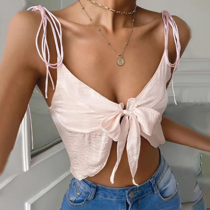 

Женские сексуальные летние майки Musuos на бретельках, однотонные украшения с бантом, V-образный вырез, без рукавов, с открытой спиной, Короткие...