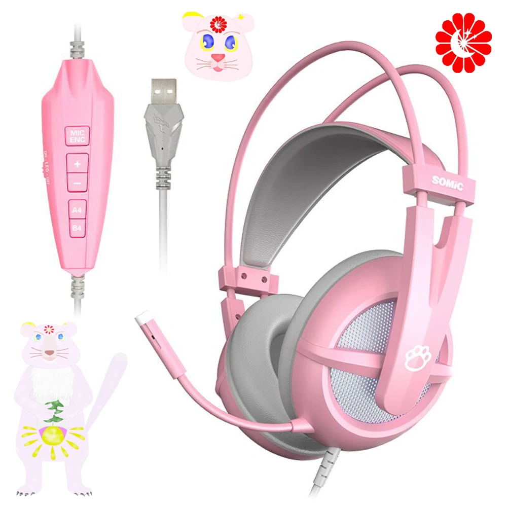 

wired PINK cute Gaming Headset 7.1 Surround-Sound Stereo Noise Cancelling USB Headsets for game PC laptop