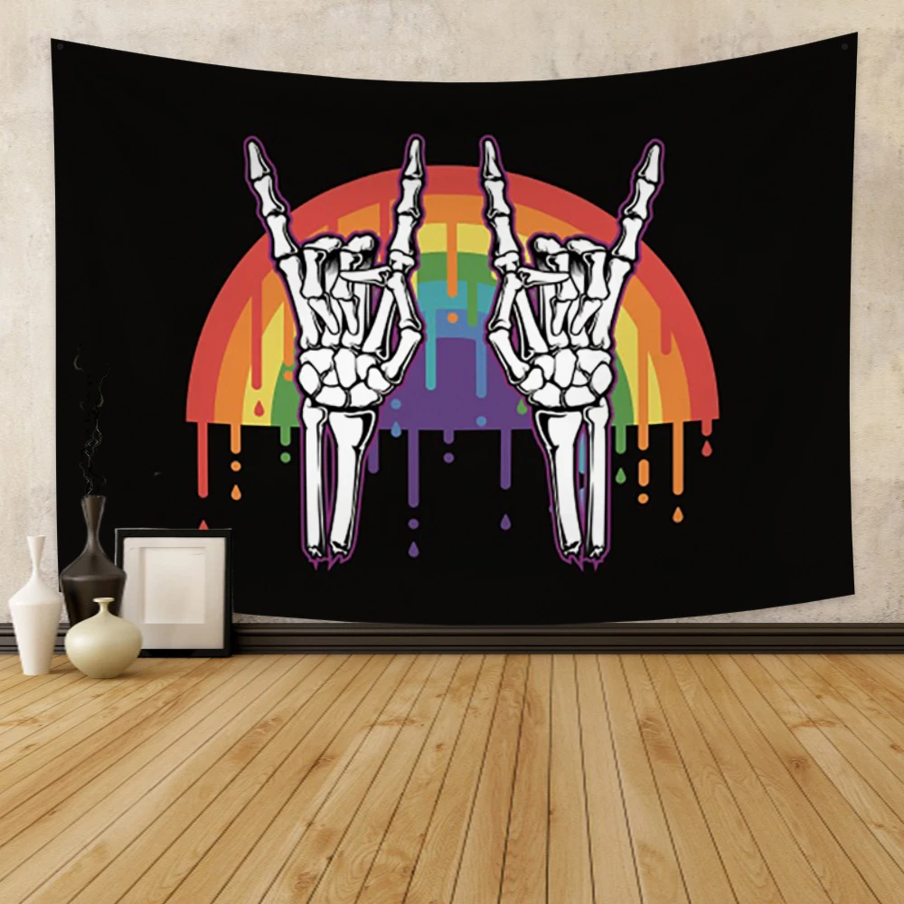 

Laeacco Tapestry Wall Hanging Blanket Skeleton Gesture Watercolor Rainbow Wall Carpet Cloth Dorm Bar Home Decor Beach Towel