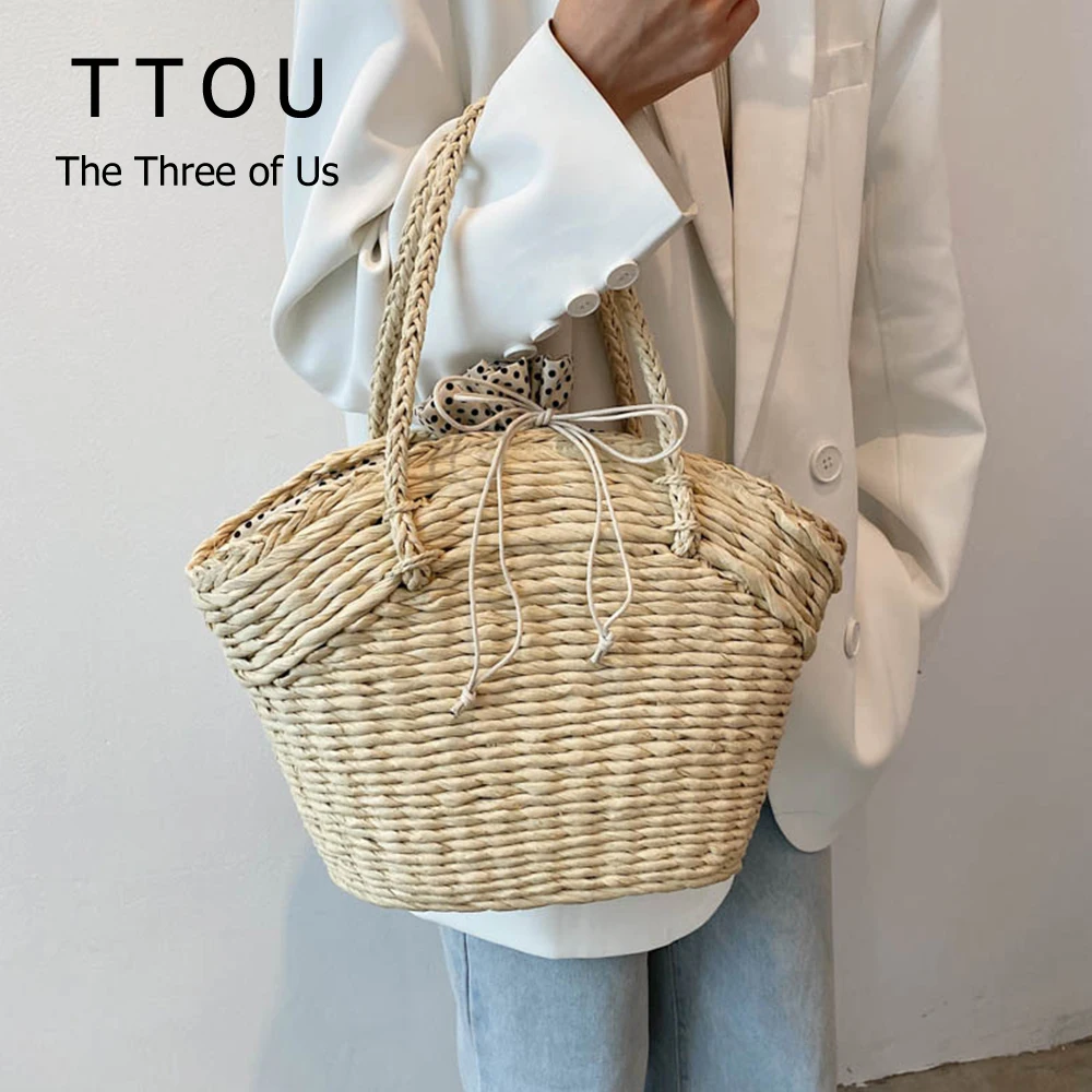 

Fashion Straw Woven Shoulder Bags For Women Designer Rattan Simple Ladies Tote Bags Summer Large Capacity Beach Female Handbags