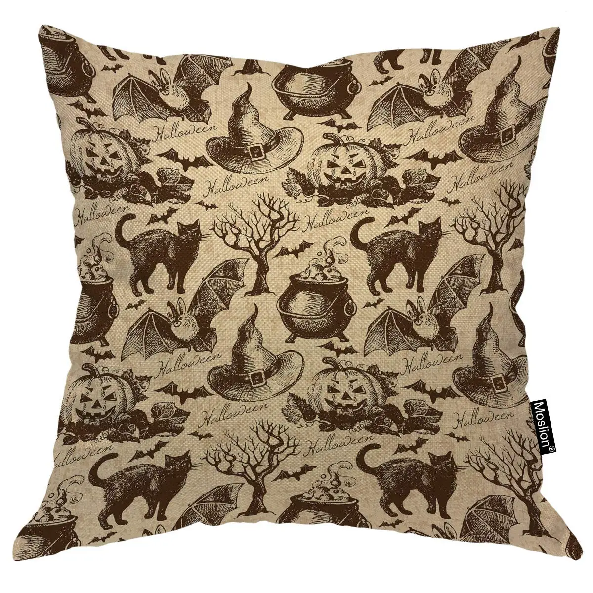 

Halloween Pattern Throw Pillow Covers Retro Vintage Style Animal Cat Pumpkin Owl Bat Witch Hat Tree Pillow Case for Home Decor