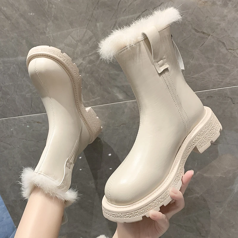 

Women Plush Boots Beige Black Gothic Platform Shoes 2021 Winter Punk Combat Boots Women Motorcycle Warm Fur Ankle Boots