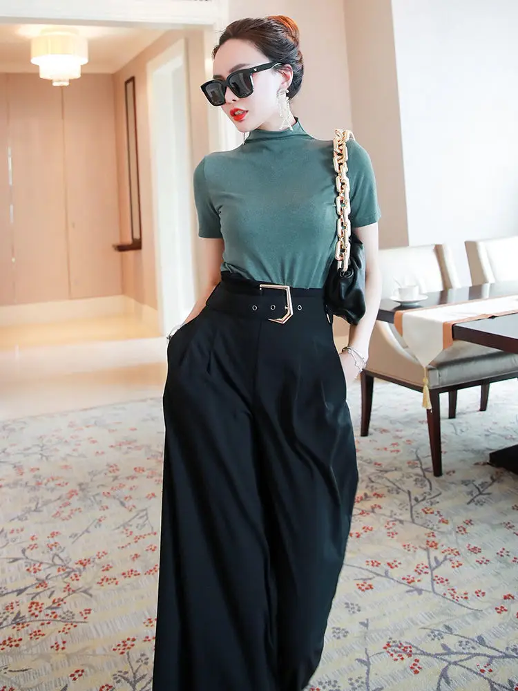 

With Belt Designer Spring Summer Suit Women Pants 2 Piece Set Elegant Office Lady Hit Color Blouse and Big Leg Pants Sets SY033