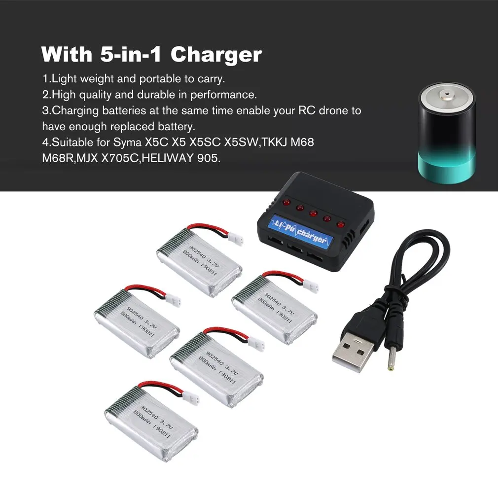 5Pcs 3,7 V 800 мА/ч, Батарея для Syma X5 X5C X5C-1 X5S X5SW X5SC V931 H5C CX-30 CX-30W Дрон запасные Запчасти с 5-в-1 Зарядное устройство