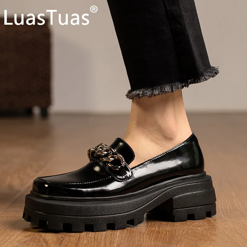 

LuasTuas Size 34-40 Women Pumps Real Leather 2022 Fashion Platform High Heels Shoes For Woman Chain Loafers Casual Footwear