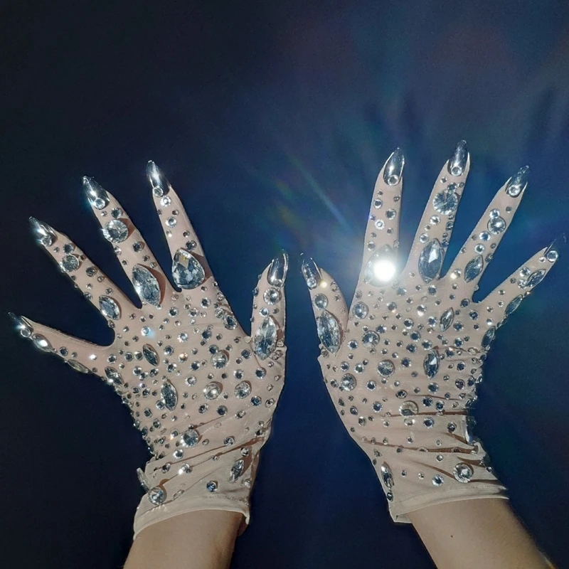

Shining Rhinestones Short Gloves Women Crystal Mesh Gloves Party Outfit Dancer Singer Nightclub Dance Stage Show Accessories