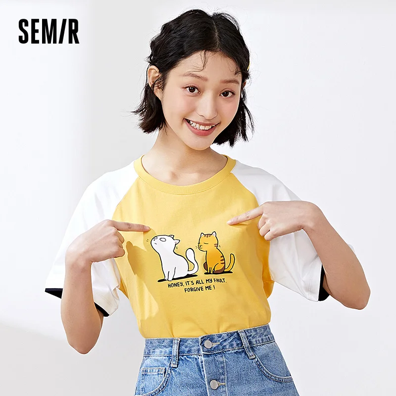 

Футболка SEMIR женская с коротким рукавом, модный Свободный Топ контрастных цветов с принтом, одежда для влюбленных, лето 2021