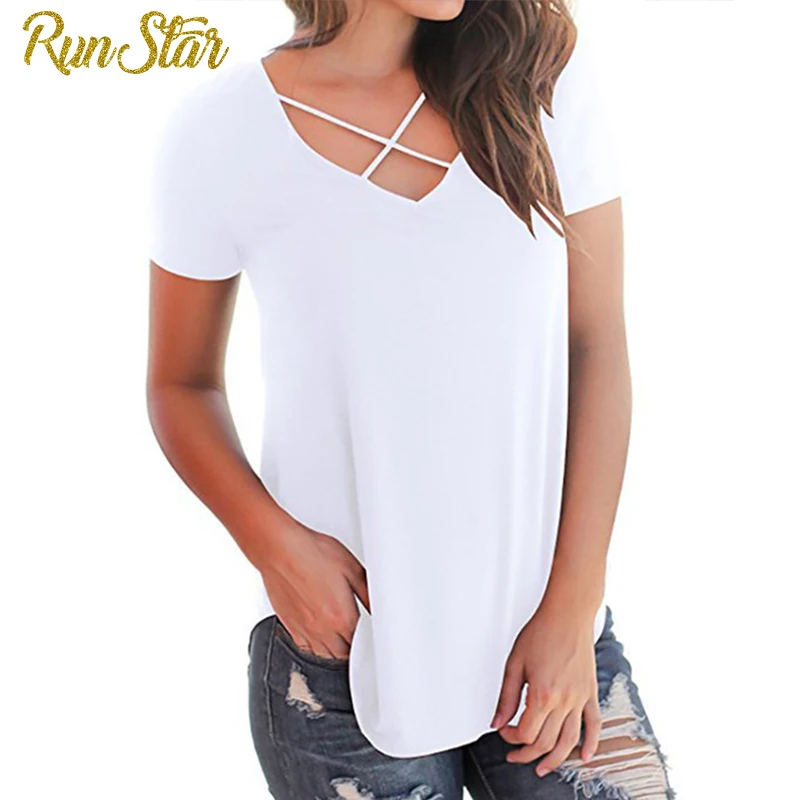 Женская футболка с V-образным вырезом однотонная белая Повседневная 11 цветов