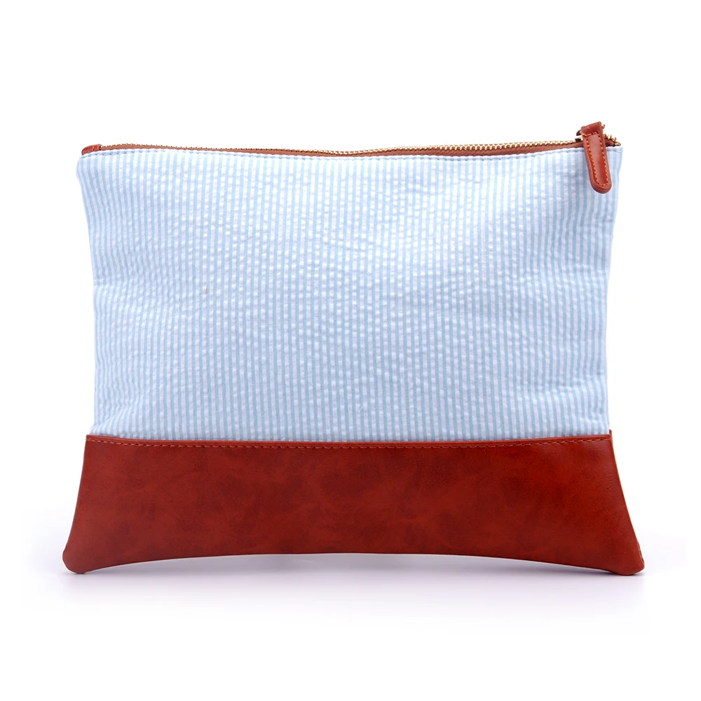 

25 Pcs Seersucker and PU faux Leather Patchwork Cosmetic Bag DOM113284 Women Cosmetic Bag With Zipper Closure