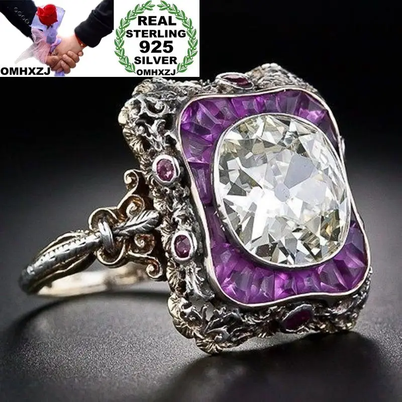 

OMHXZJ Wholesale European Fashion Woman Man Party Wedding Gift White Purple Square AAA Zircon 925 Sterling Silver Ring RR106