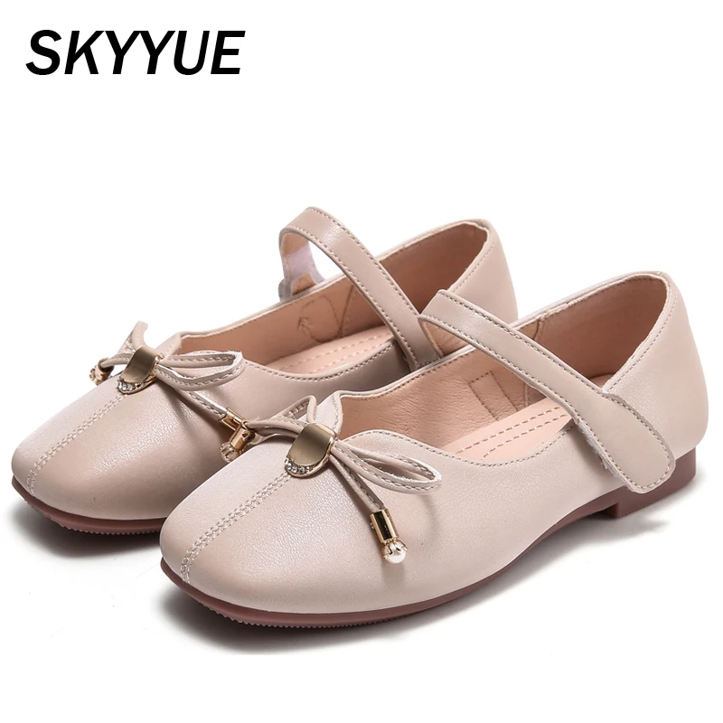Весна 2020 Детская обувь принцессы с бантом на плоской подошве жемчугом Розовая