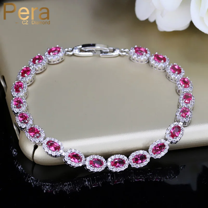 

Pera Lovely Women Jewelry Rose Red Cubic Zirconia Crystal Oval-Shape Connected Chain Link Bracelets for Ladies Party Gift B050