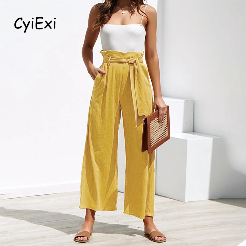 

CyiExi Casual Fashion Wide Leg Pants with Sashes Women Summer Solid Ladies Trousers Female High Waist Long Pants Streetwear S-XL