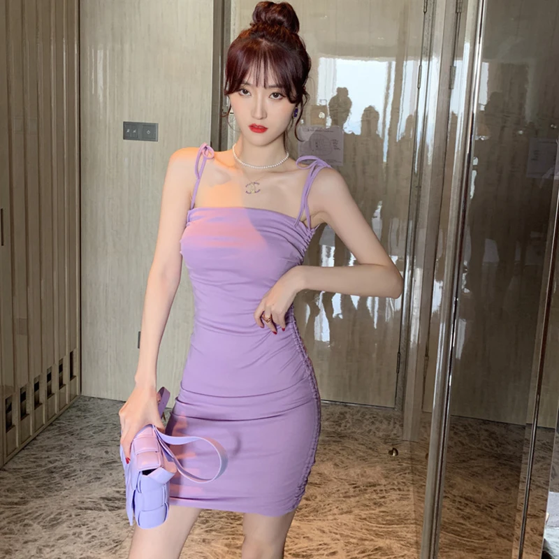 

new arrival fashion mini dress women elegant summer sexy strap cotton simple temperament office lady casual purple pencil dress