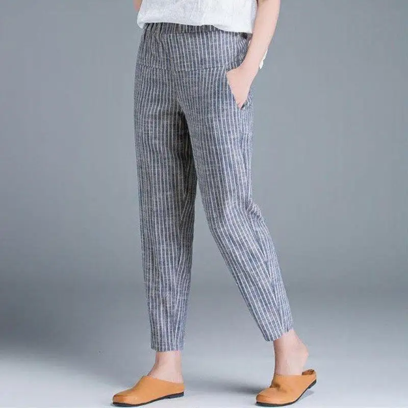 

New Arrival Summer Women Pants Plus Size Fashion High Waist Thin Casual Harem Pants Striped Cotton Linen Trousers
