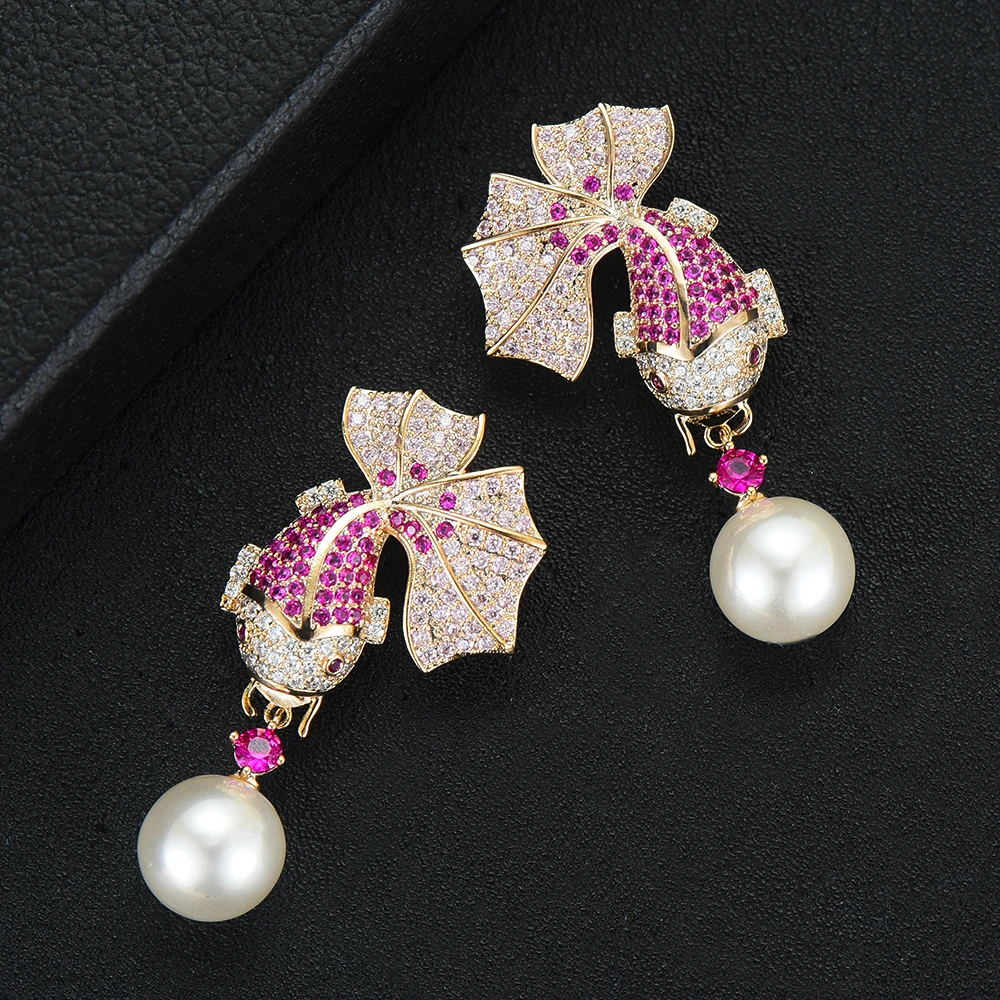 Siscathy New Charm Women Golden Fish Shape Pearl Earrings Fashion Jewelry Trendy Cubic Zirconia Drop Wedding For | Украшения и