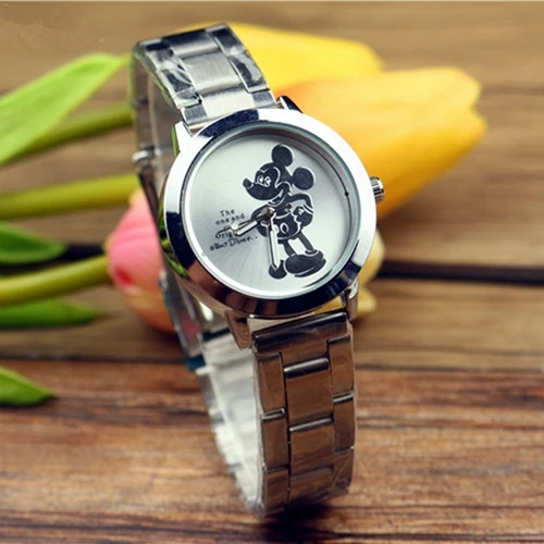 Silver Микки Маус Минни стали Кварцевые часы мультфильм дети часы Кристалл Алмаз дамы студента женщин Аниме часы Девушки Золотой - Цвет: Silver