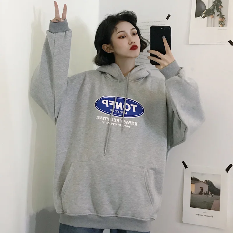 Harajuku Женская толстовка с длинным рукавом корейский стиль Ulzzang свободные флисовые толстовки с капюшоном женские повседневные Черные толстовки Топы