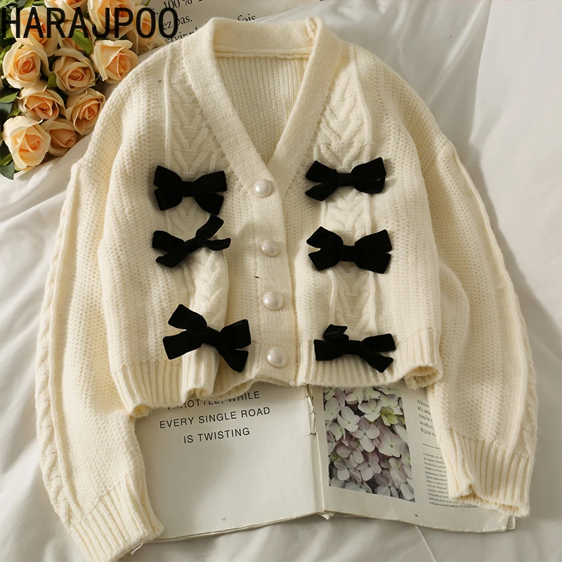 

Кардиган Harajpoo Женский, льняной, с узким бантом, с длинным рукавом, однобортный, вязаный, белый, Повседневный, осень 2021
