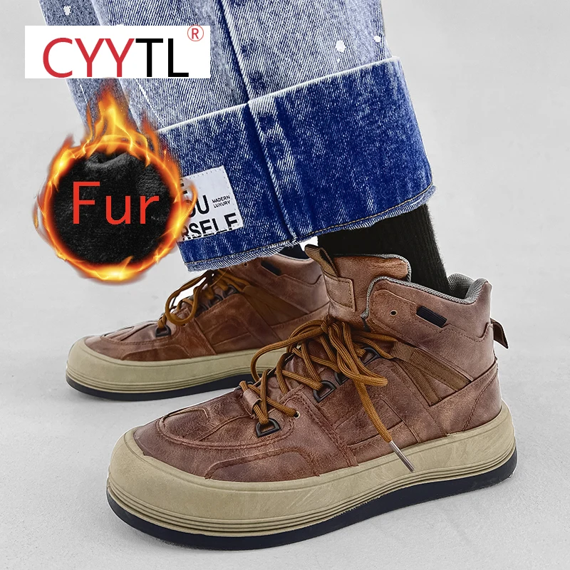 

CYYTL Winter Fur Lined Designer Men's Shoes Vintage Leather Snow Outdoor Sneakers High Top Waterproof Keep Warm Casual Booties