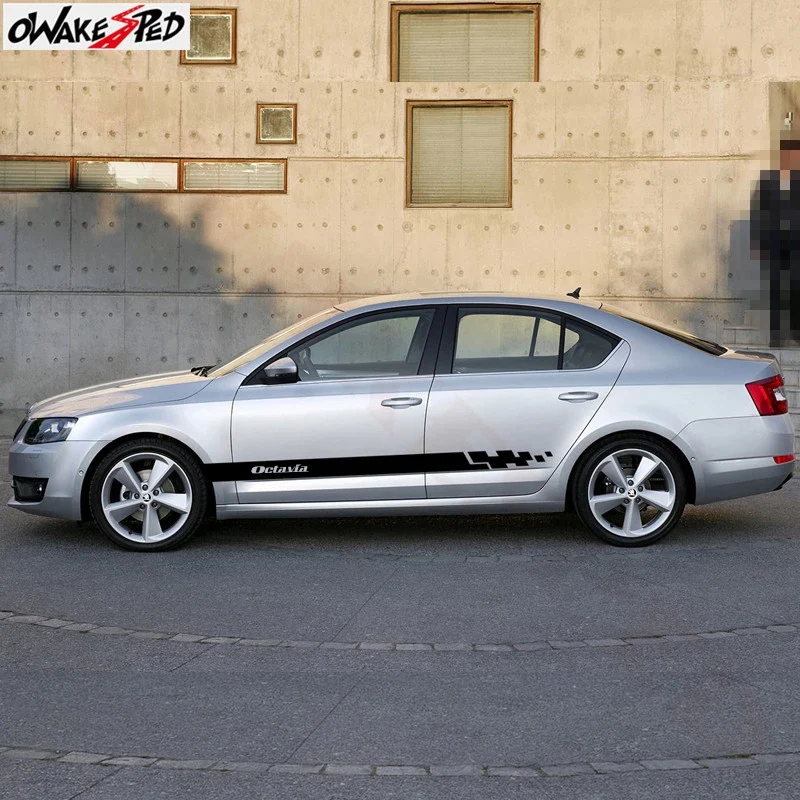 Autocollants en vinyle à rayures pour jupe latérale, 2 pièces, accessoires extérieurs pour véhicule, décoration de carrosserie, pour Skoda Octavia