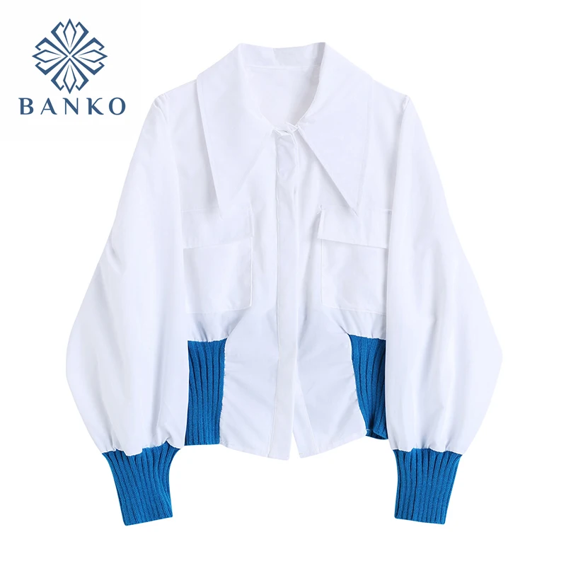 

Блузка женская однобортная с отложным воротником, уличная одежда с длинным рукавом-фонариком, рубашка в Корейском стиле, комбинированная б...