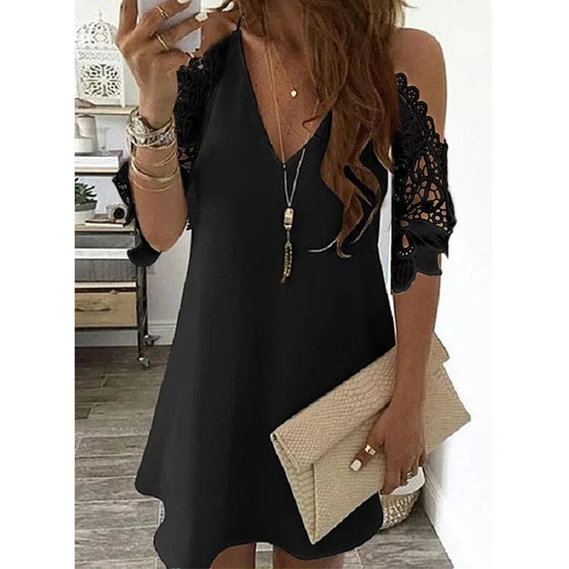 

Women Floral Print Mini Dress Sexy V-Neck Off Shoulder Sling Dress Elegant Lace Sleeve Party Dress Plus Size Summer Beach Dress