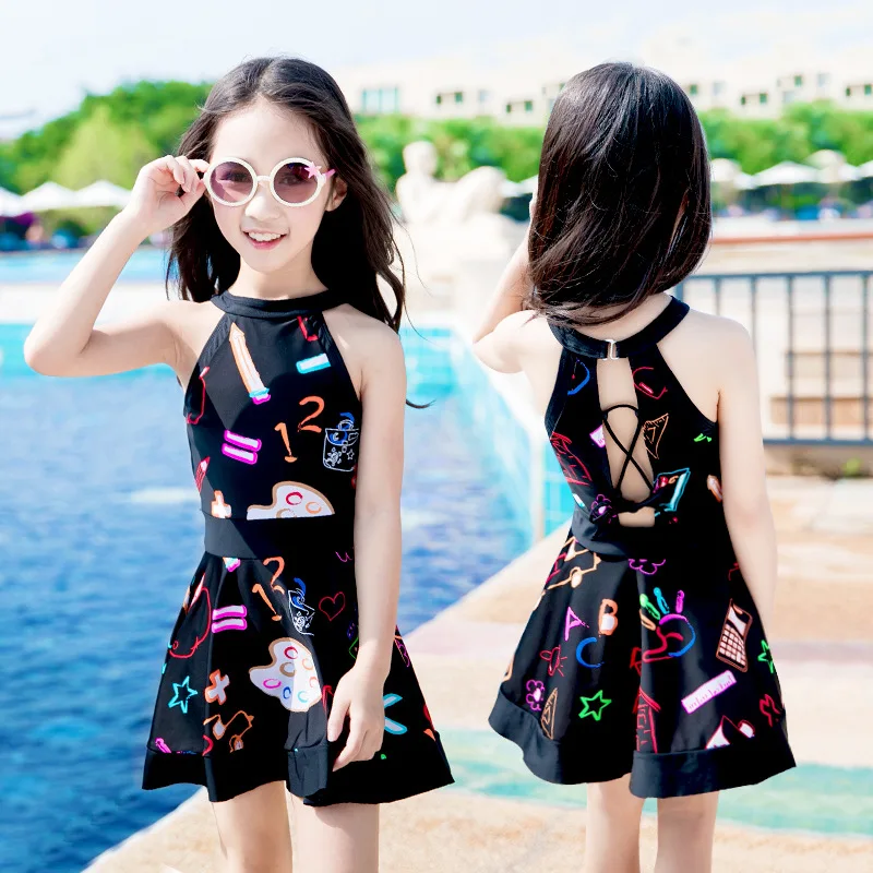 

Swimwear Girls One-Piece Lovely Black Princess Teen Costumes Dress 2018 Children Swimwear Summer Swimwear Kids Girl