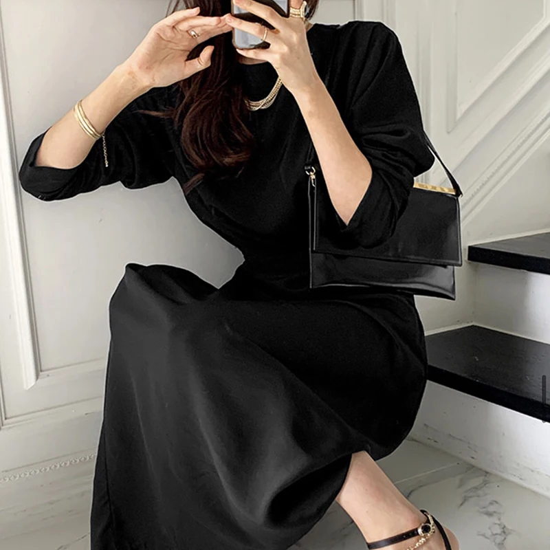 

GALCAUR Solid Elegant Ruched Dress For Women O Neck Long Sleeve High Waist Vintage Slim Dresses Female 2021 Spring Fashion Tide