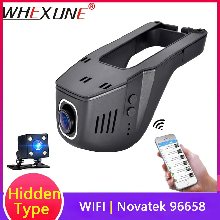 WHEXUNE, скрытый Автомобильный видеорегистратор, Wifi, видеорегистратор Novatek 96658 IMX323, двойной объектив, мини-видеорегистратор, 170, широкоугольный, ночное видение