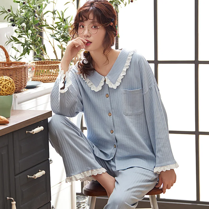 Cotton Womens Pajamas Set Cute For Women Two-piece Sexy Sleepwear Caton Stripe Pyjamas Spring And Autumn | Женская одежда