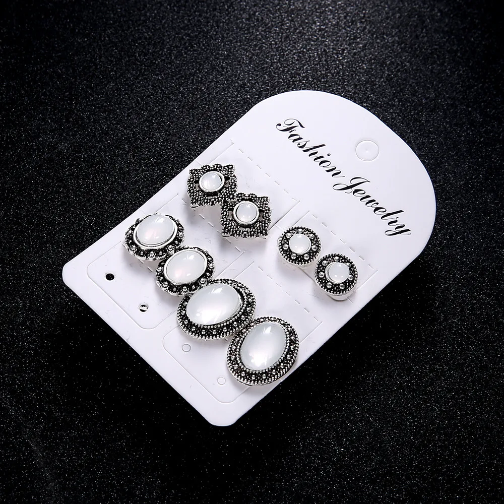 

5 Pair/Set Vintage Stud Earrings for Women Boucle D'oreille Jewelry Bohemia Carved Flower Opal Earring Set Droplets Brincos