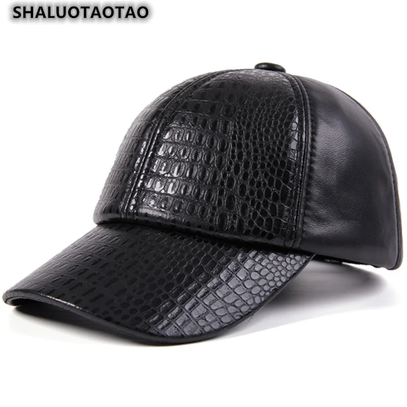 

Autumn Winter Casual Genuine Leather Men Sheepskin Baseball Cap Outdoor Keep Warm Crocodile Pattern Adjustable Size 2021 New