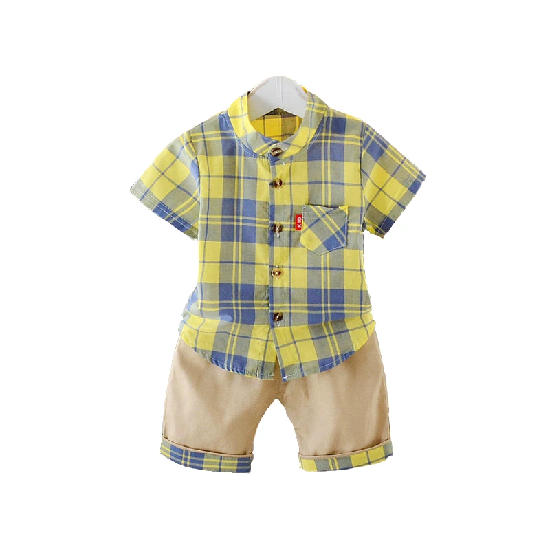 

New Children Summer Clothes Sets Boys Suit Plaid Shirt + Pants Kids Fashion No Lapel Coller Type