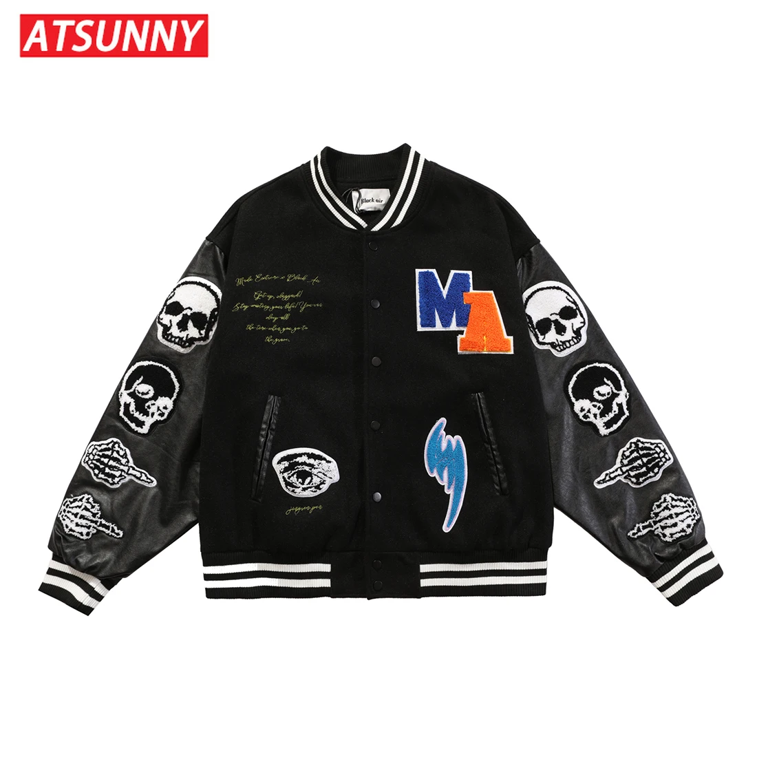 ATSUNNY Hip Hop Baseball Jacket Harajuku Retro Varsity Jacket Casual Mens cotton Jacket Fashion Coat Streetwear Tops windbreaker