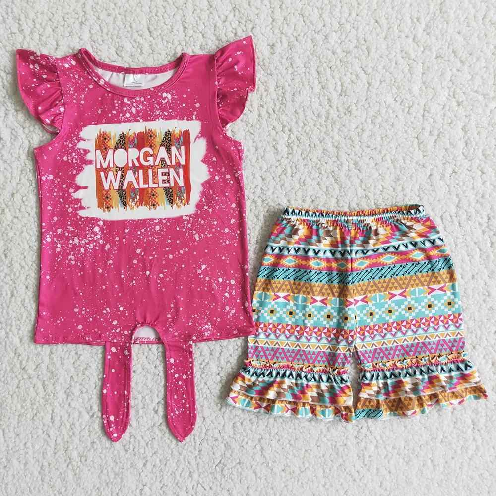 

High Quality Children Summer Clothing Set Rose Pink Tunic Top Match Ruffle Shorts 2Pieces Suit Fashion Printed Outfit