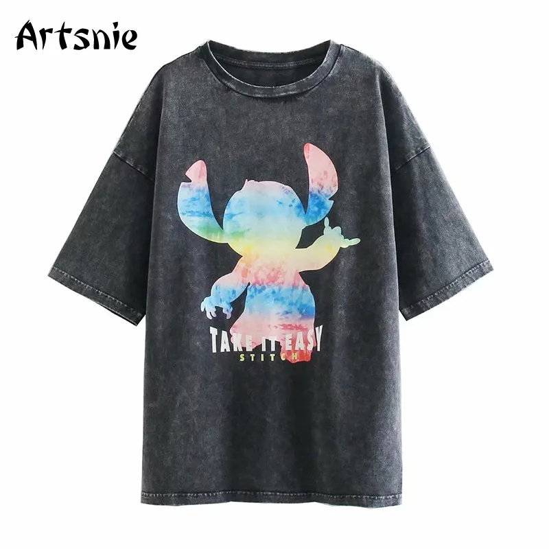 

Artsnie Disney Cartoon Print T Shirt Women Summer 2021 O Neck Short Sleeve Tops Streetwear Casual Dark Gray Ladies T-shirts