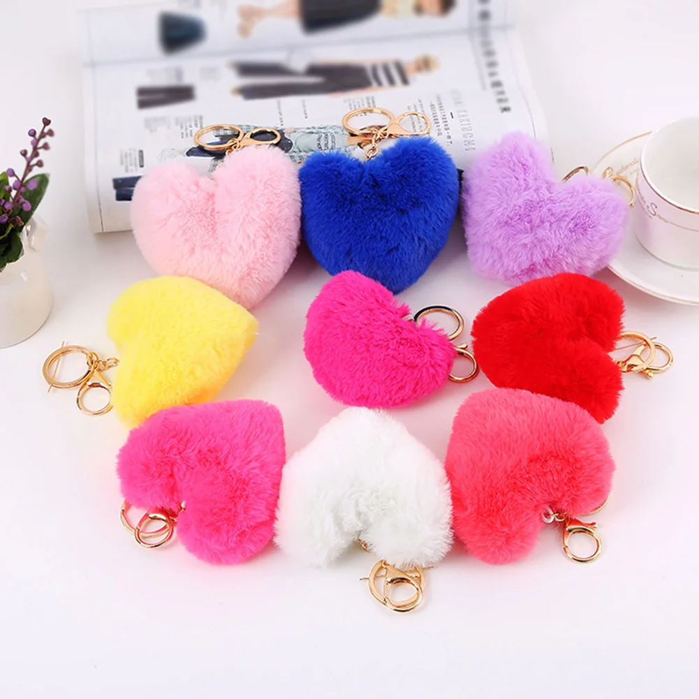 

Fluffy Fur pompom Keychain Soft Lovely Heart Shape Pompon faux Rabbit Fur Pom Poms Ball Car Handbag Key Ring Gift Bag Accessory