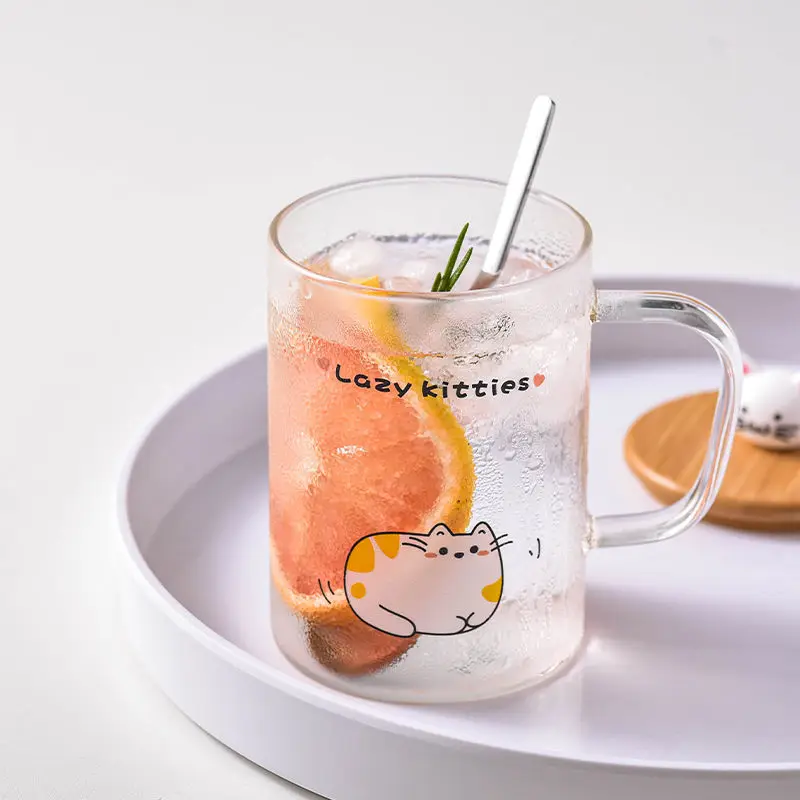 Ins Style450ml милый кот термостойкие Стекло кружки кружка для пива с ручкой ложкой и