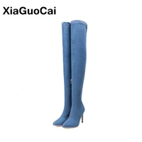 2019 spring autumn woman long boots blue denim over the knee boots big size point toe thin high heels shoes sexy ladies footwear
