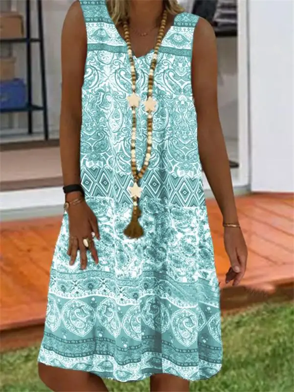 

New fashion printed sleeveless V-neck dress
