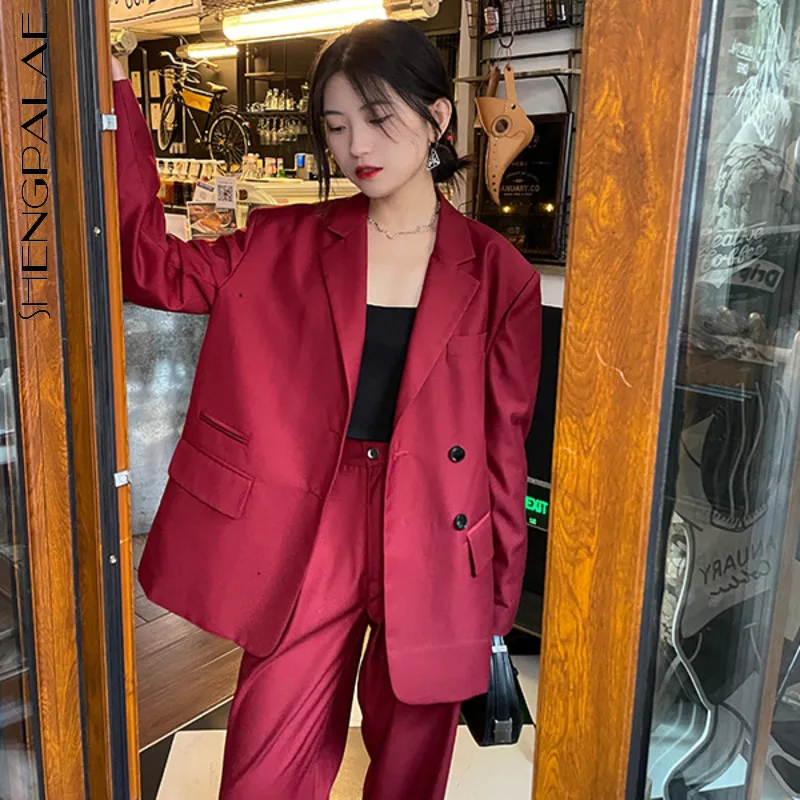 

SHENGPALAE Fashion Rose Red Notched Loose Single Brestaed Long Sleeve Blazer And High Waist Straight Suit Pants For Women Autumn