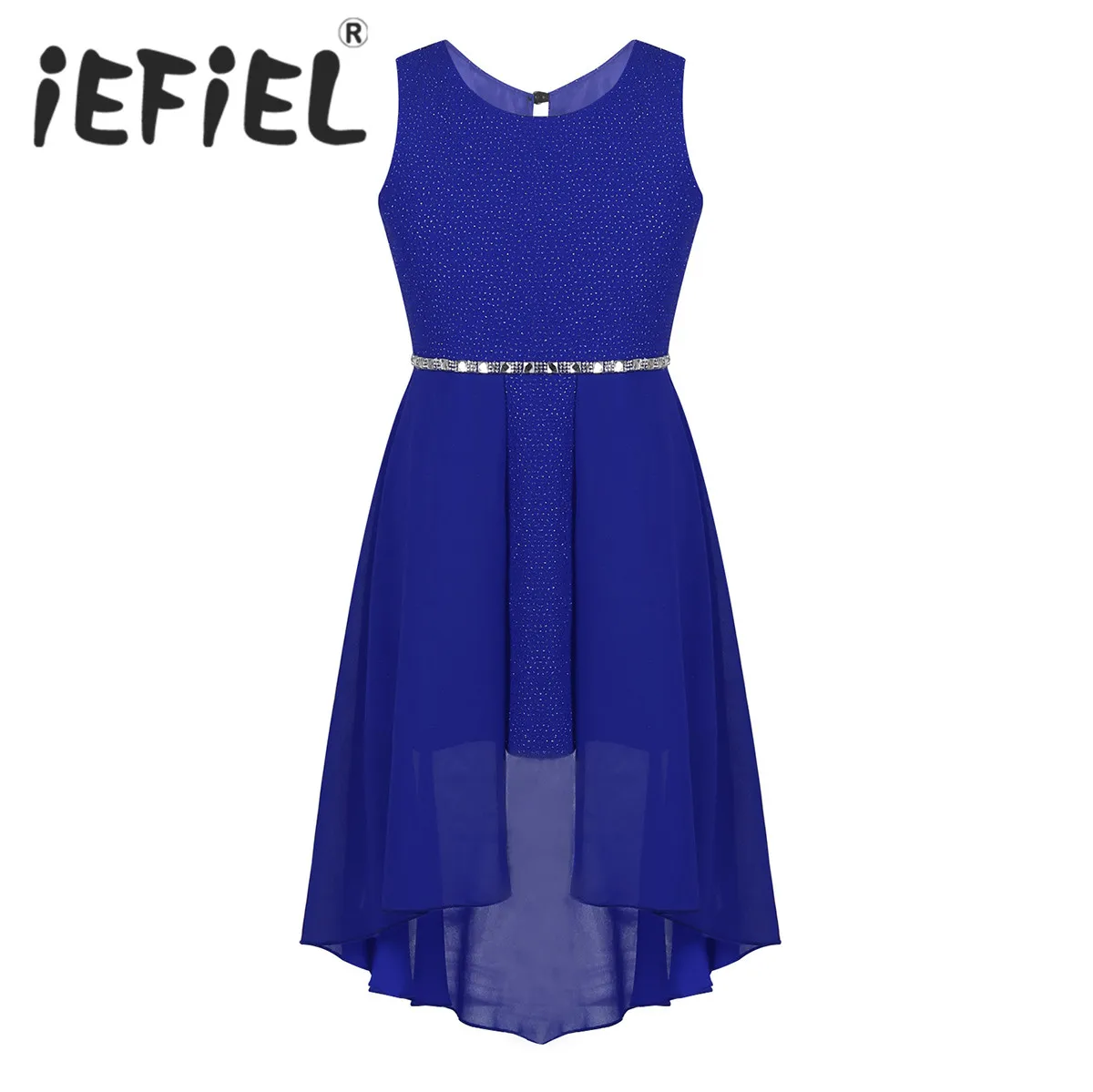 Платье для девочек блестящее с высокой талией и заниженным подолом | Детская