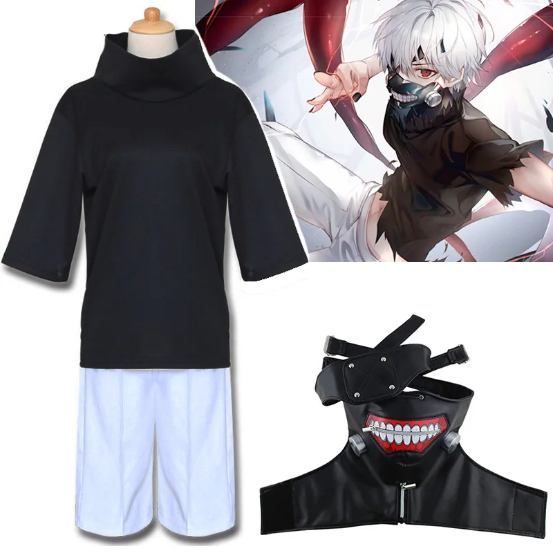 

Anime Ghoul Mask Cosplay Costume Full Set Shirt Shorts Wig Tops Men Women Halloween Masquerade Party Outfit