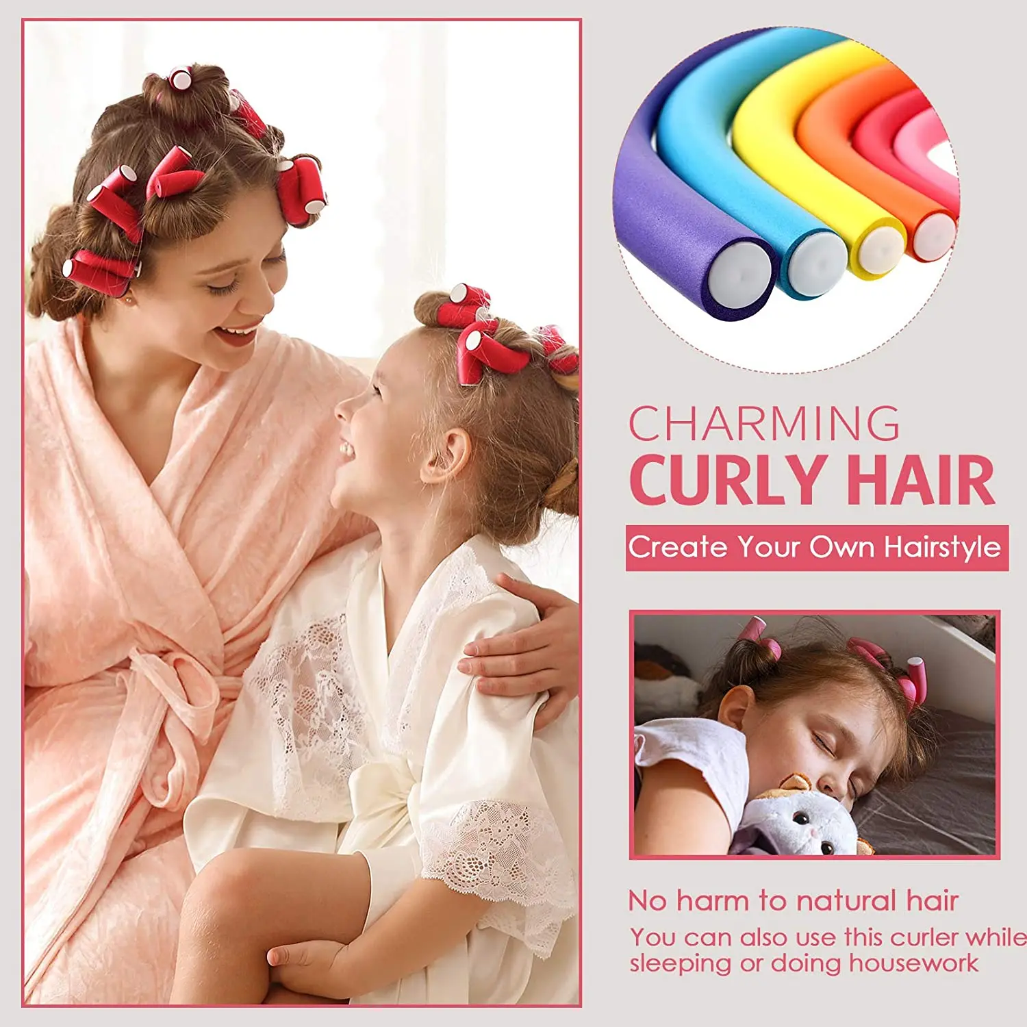 

46 Pcs Flexible Curling Rods 7 No Heat Hair Curlers Spiral Hair Curler Roller with Steel Pintail Comb Rat Tail Comb 6 sizes