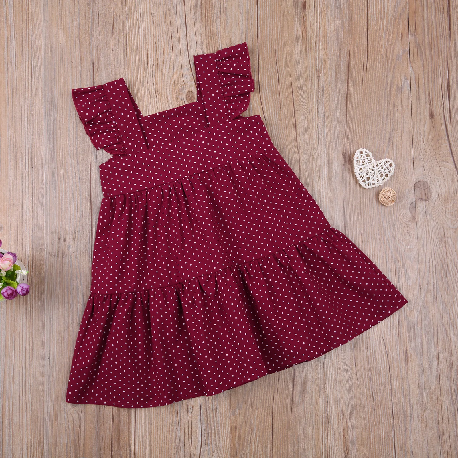 

2021 New Summer 6M-4Y Baby Girl Red Polka Dot Print Jumpsuit/Dress Square Collar Flared Short Sleeve Children Kid Clothes Outfit