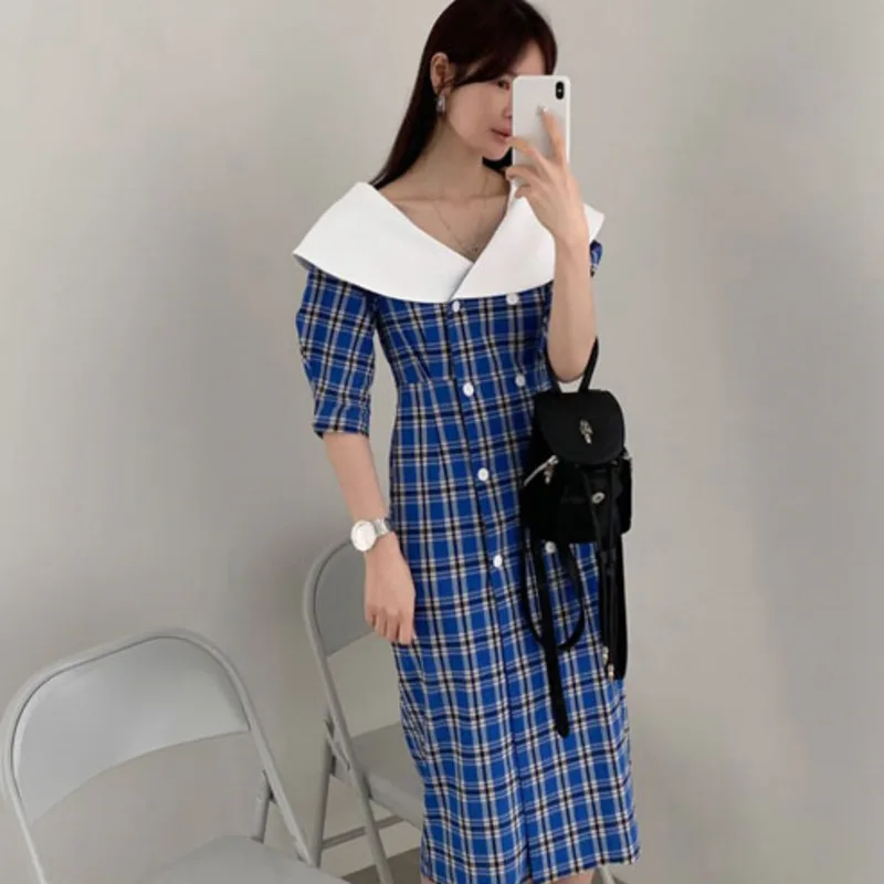 LANMREM клетчатое женское платье с отворотом коротким рукавом двубортное талией